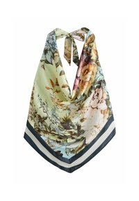 Square silk scarf with floral print in green, brown, and pink tones tied in a loose knot at the top.