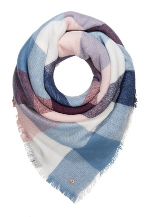 Écharpe tissée douce avec un grand motif à carreaux aux tons bleus, rose, blancs et violets, roulée en forme circulaire avec des bords à franges.