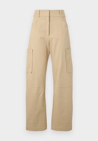 Beige cargo pants made of cotton, featuring a high waist, wide legs, two side pockets, and two large cargo pockets on the thighs.