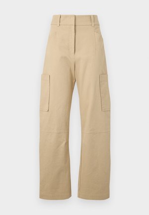 Beige cargo pants made of cotton, featuring a high waist, wide legs, two side pockets, and two large cargo pockets on the thighs.