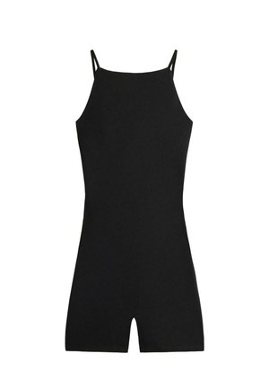 Čierny overal bez rukávov s tenkými ramienkami a priliehavým strihom, s krátkymi nohavicami.