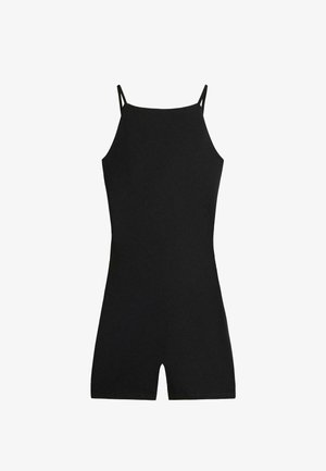 Fekete ujjatlan overál vékony vállpántokkal és testhez simuló szabással, rövid alsó résszel.