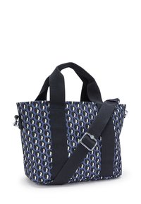 Tkaninowa torba na ramię w granatowo-szarym kolorze z geometrycznym wzorem, z krótkimi uchwytami i odpinanym paskiem na ramię. Posiada sztywny kształt.