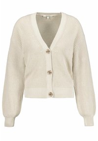 Crème-kleurige gebreide cardigan met een V-hals, vijf knopen en geribbelde mouwen. Heeft een relaxte pasvorm en een gestructureerde stof.