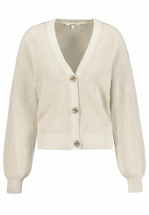Cardigan en tricot crème avec un col en V, cinq boutons et des poignets côtelés. Présente une coupe décontractée et un tissu texturé.