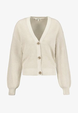Cremfarbener Strickcardigan mit V-Ausschnitt, fünf Knöpfen und gerippten Bündchen. Bietet eine lockere Passform und strukturierte Stoffqualität.