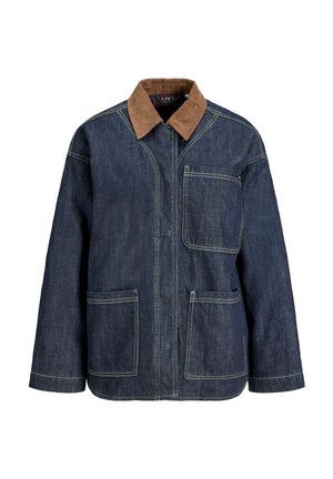 Donkerblauw spijkerjack met bruine ribfluwelen kraag en drie voorzakken met zichtbare stiksels, afgebeeld tegen een witte achtergrond.