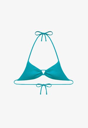 Top bikini teal con coppe triangolari, spalline regolabili con legatura e dettaglio a chiave centrale, realizzato in tessuto morbido.