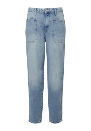 Lichtblauwe denim jeans met hoge taille, voorzakken, riemlussen en een knoop- en ritssluiting.