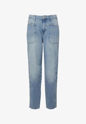 Lichtblauwe denim jeans met hoge taille, voorzakken, riemlussen en een knoop- en ritssluiting.