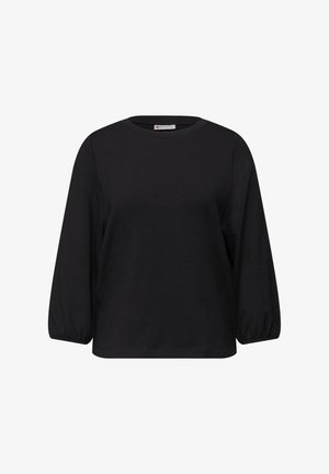 Mustanvärinen pitkähiha-paita, pehmeää kangasta. Pyöreä kaula-aukko, rento istuvuus ja liehuvat hihat, joissa on kerätyt kalvosimet. Yksinkertainen ja monipuolinen malli.