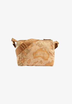 Borsa a tracolla in canvas con stampa di una mappa del mondo vintage in tonalità di marrone e beige. Caratterizzata da una tracolla robusta e chiusura con zip.