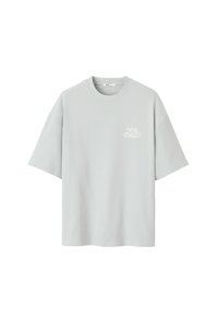 T-shirt gris clair à manches courtes en coton doux, dotée d'un col rond et de texte brodé blanc sur la partie gauche de la poitrine.