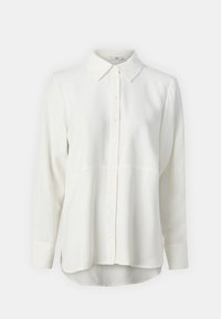 Camicia bianca a maniche lunghe realizzata in tessuto liscio, con colletto a punta, patta dei bottoni completa e aperture laterali per un tocco in più.