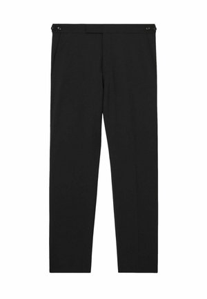 Schwarze, gerade geschnittene Hose mit seitlichen Taschen und Knopfdetail am Bund, flach auf weißem Hintergrund dargestellt.