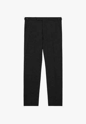 Schwarze, gerade geschnittene Hose mit seitlichen Taschen und Knopfdetail am Bund, flach auf weißem Hintergrund dargestellt.