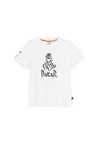 Biała bawełniana koszulka z krótkim rękawem, z czarnym abstrakcyjnym grafiką "DAKAR" na przodzie oraz pomarańczową metką przy dekolcie.