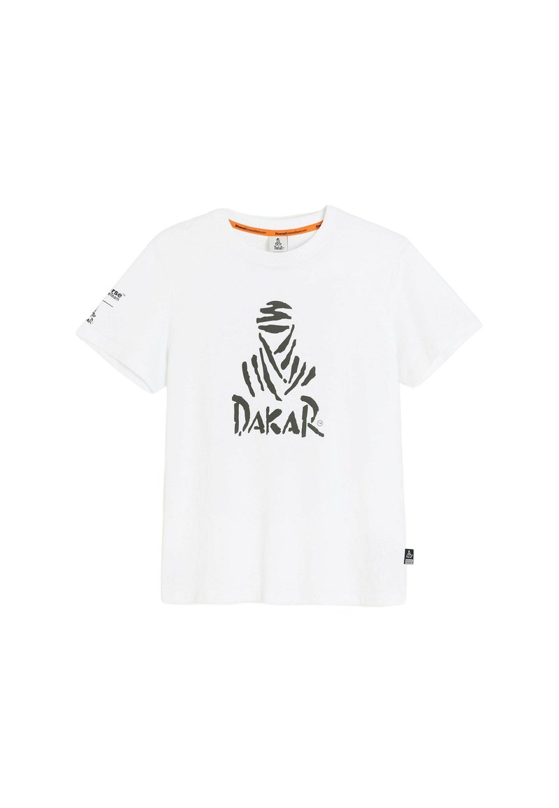 Biała bawełniana koszulka z krótkim rękawem, z czarnym abstrakcyjnym grafiką "DAKAR" na przodzie oraz pomarańczową metką przy dekolcie.