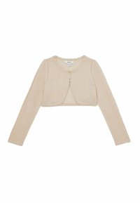 Cardigan bej scurt, realizat dintr-un material tricotat, cu mâneci lungi, margini zimțate și închidere cu un singur nasture în față.