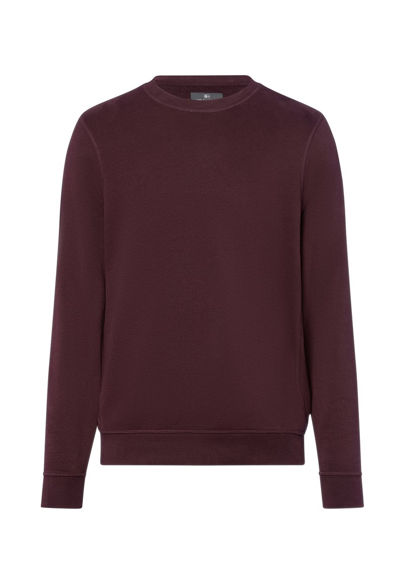 Bordeaux sweatshirt van zacht materiaal, met een ronde hals, lange mouwen en geribbelde manchetten, voorzien van een gladde textuur en een minimalistisch ontwerp.