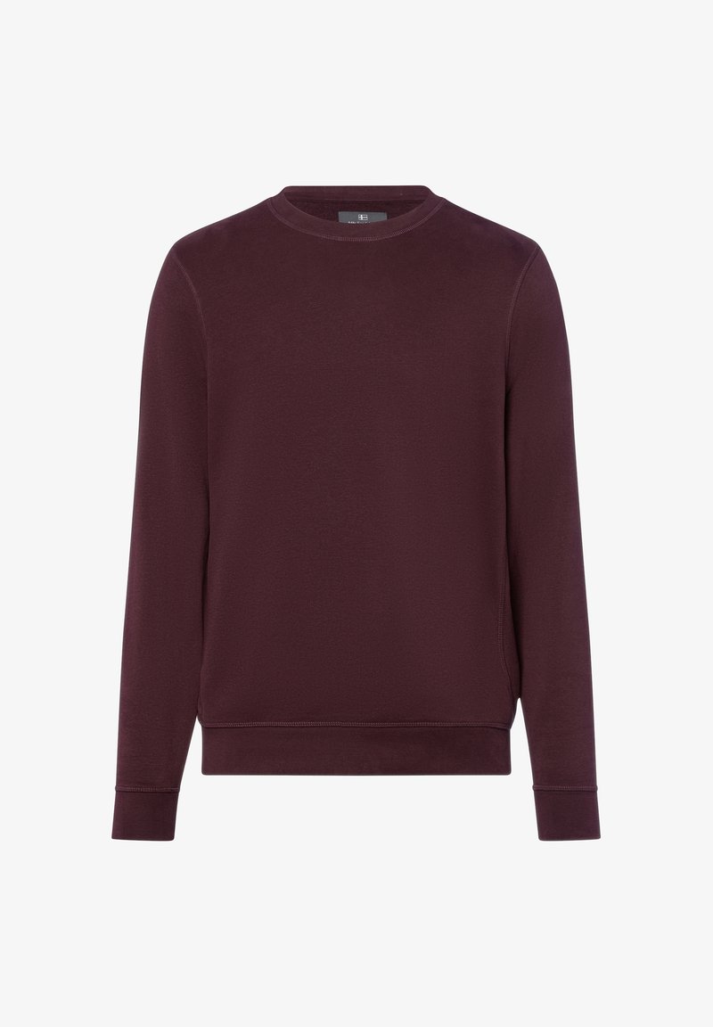 Bordeaux sweatshirt van zacht materiaal, met een ronde hals, lange mouwen en geribbelde manchetten, voorzien van een gladde textuur en een minimalistisch ontwerp.
