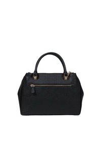 Borsa a tracolla nera in pelle con forma strutturata, dotata di tasca anteriore con zip, manici corti e dettagli in metallo dorato.