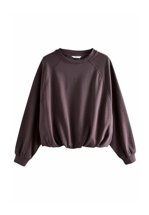 Dark brown long-sleeve sweatshirt with dropped shoulders, ribbed crew neck, cuffs, and gathered hem for a relaxed fit.