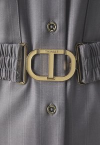 Ceinture en tissu gris avec texture plissée, dotée d'une boucle en or proéminente gravée de "TWINSET" et d'un détail en bouton circulaire en dessous.