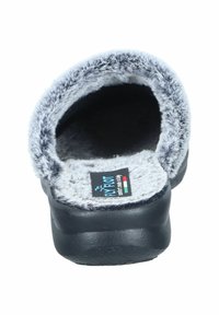 Gray fuzzy slipper with a soft, plush interior and black rubber sole. Features a rounded open back and a blue logo tag.