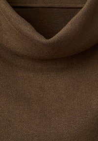 Pulover turtleneck maro, realizat dintr-un material texturat, moale. Prezintă un guler ajustat și detalii ribbate. Are o finisare netedă și nu are modele vizibile.