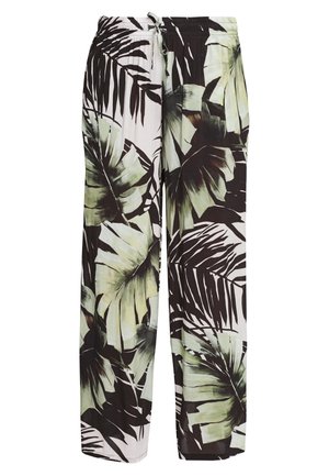Broek met wijde pijpen en een elastische tailleband met trekkoord, met een grote groene en zwarte tropische bladprint op een lichte achtergrond.
