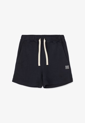 Sorte casual shorts med elastisk talje, cremefarvede snore, sidelommer og lille hvid logo-patch på venstre ben.