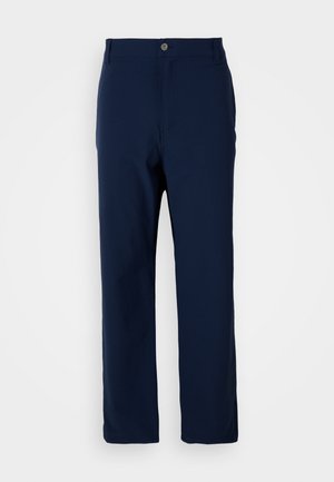 Pantalons droits bleu marine avec fermeture à bouton et à glissière, passants de ceinture et sans poches visibles sur fond blanc.