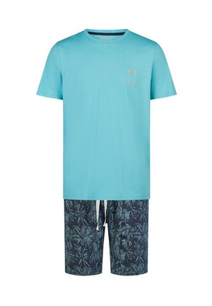 Turquoise short-sleeve T-shirt with small orange smiley on chest, paired with navy blue shorts featuring light blue palm leaf patterns and white drawstring.