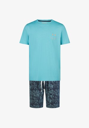 Türkisfarbenes T-Shirt mit kurzen Ärmeln und kleinem orangefarbenem Smiley auf der Brust, kombiniert mit marineblauen Shorts mit hellblauen Palmenblättermustern und weißem Kordelzug.