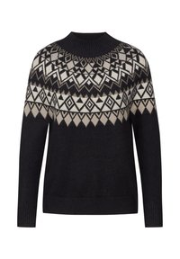 Svart tröja med mönstrad ok i beige och krämfärg som har geometriska former. Ribbad halsringning och manschetter. Mjuk textur.