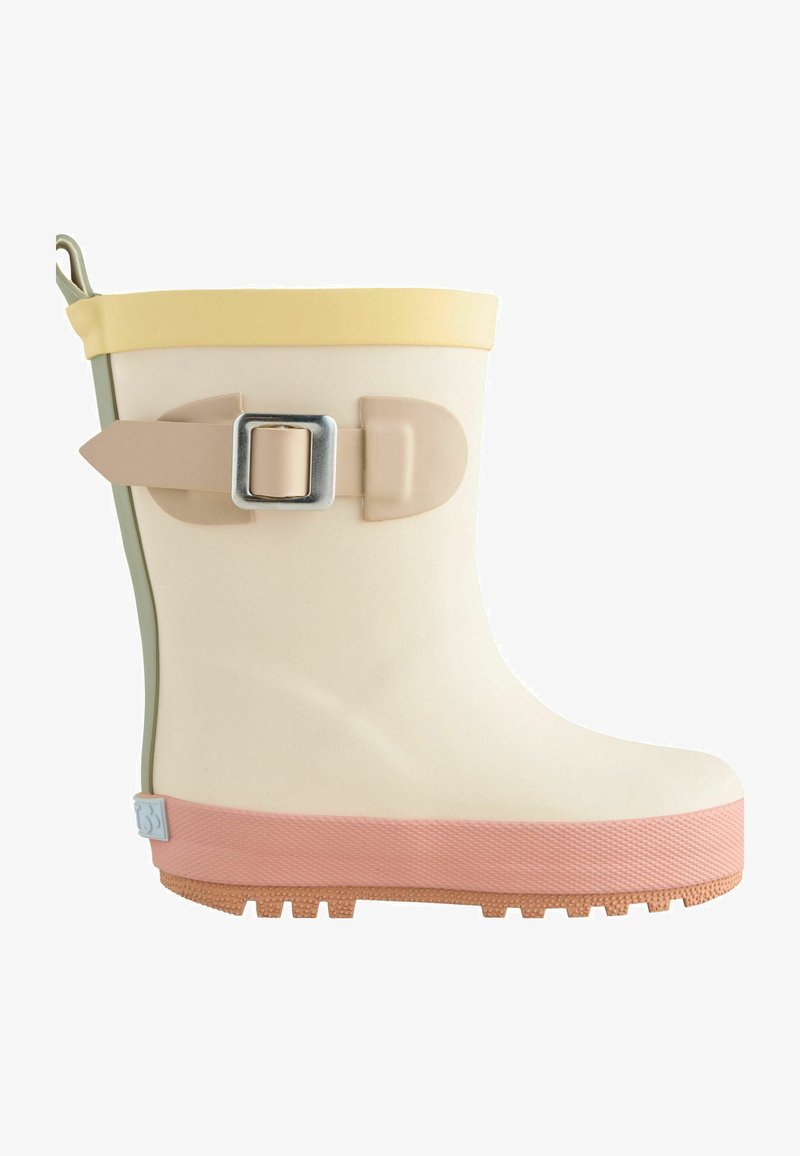 Regenstiefel in Cremefarbe mit gelbem oberen Rand, rosa strukturierter Sohle, verstellbarem beigen Riemen mit silberner Schnalle und profiliertem Boden.