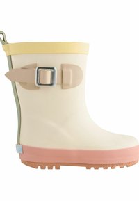 Stivale di gomma crema con bordi gialli e suola rosa; presenta un accent di fibbia verde e suola in gomma testurizzata per una migliore aderenza.