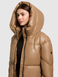 Brown puffer jacket featuring a large, plush hood, glossy finish, zip closure, and quilted texture, with a black accent button on the sleeve.