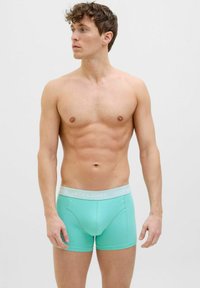 Boxeri turcoaz dintr-un material moale, cu o talie elastică gri pe care se află logo-ul "JACK & JONES". Modelul stă fără tricou.