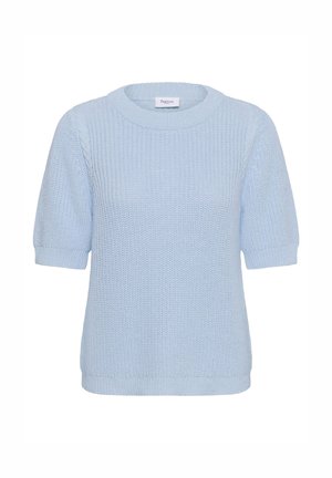 Suéter de punto azul claro de manga corta con cuello redondo y patrón texturizado.