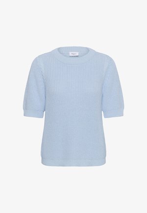 Light blue knit short-sleeve sweater with round neckline and textured pattern.