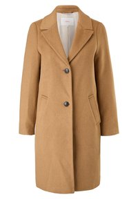 Brązowy wełniany płaszcz z wyciętym kołnierzem, dwoma przednimi kieszeniami, trzema guzikami i gładką podszewką. Klasyczna, dopasowana sylwetka.