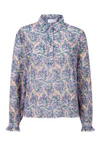 Blusa de manga larga en tejido ligero con un patrón abstracto en colores rosa, azul y amarillo. Con cuello, puños elásticos y una tapeta de botones.