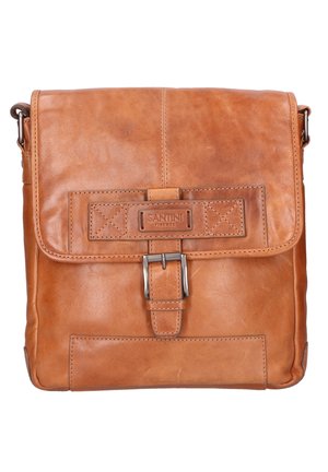 Borsa a tracolla in pelle marrone con chiusura a pattina, tracolla regolabile, fibbia in metallo e dettagli cuciti. Texture liscia con finitura opaca.