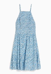 Modré květinové šaty s tenkými ramínky, nařaseným živůtkem a rozšířenou sukní. Šaty mají lehkou, texturovanou látku s bílými a tmavšími modrými akcenty.