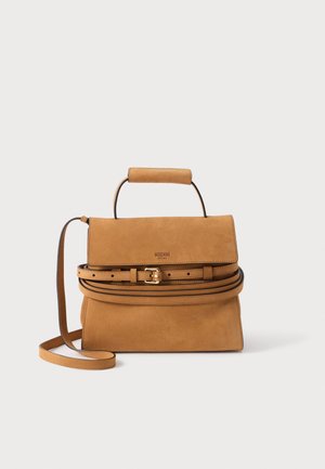 Tan leather Moschino handbag with top handle, fold-over flap, buckle detail, and long shoulder strap on a plain background.