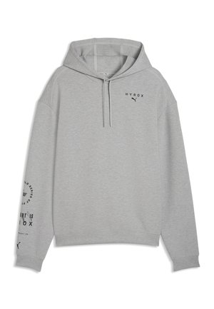 Hellgrauer Hoodie mit Fronttasche, Kordelzugkapuze, schwarzen "HYROX" und Puma Logos auf der Brust und Text auf dem linken Ärmel.