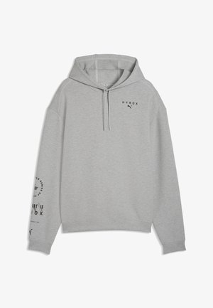 Hellgrauer Hoodie mit Fronttasche, Kordelzugkapuze, schwarzen "HYROX" und Puma Logos auf der Brust und Text auf dem linken Ärmel.