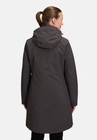 Grey waterproof coat with a hood, featuring a streamlined design and back vent for ease of movement. Smooth texture and minimal accents.